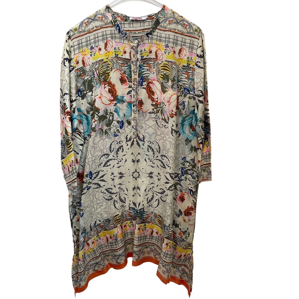 Johnny Was Size M 100% Silk Floral Mixed Print Dress 3/4 Sleeve Sharkbite Hem‎